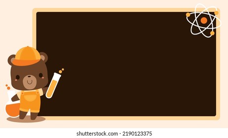 Cute brown bear student cartoon character holding test tube, pointing at blackboard. Perfect educational presentation background for science subject. Back to school concept. 