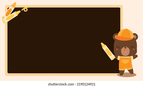 Cute brown bear student cartoon character holding crayon, pointing at blackboard. Perfect educational presentation background for art subject. Back to school concept. 