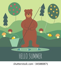 Cute brown bear in summer forest near pond holding fishing rod. Can be used for cards, books, printing, web design