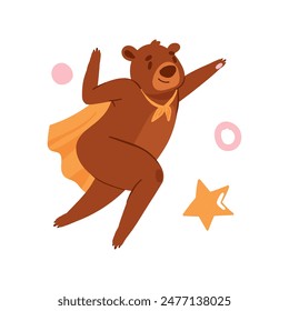 Cute brown bear superhero flying in cape among stars, strong character in hero outfit vector illustration