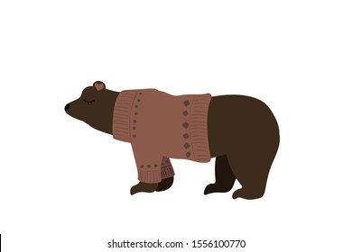 Cute brown bear. Vector illustration. Pink sweater.