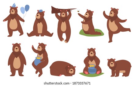Juego de ilustración vectorial de oso marrón lindo. Caricatura graciosos personajes de peluche esponjoso en diferentes poses colección con peludos animales sentados y durmiendo, bailando y comiendo miel aislados en blanco