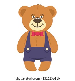 Cute brown bear in violet shorts with suspenders and a red bow. Cartoon character isolated on white background. Vector illustration. Flat style.