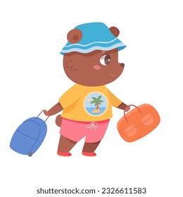 Oso marrón lindo caminando con maleta e ilustración vectorial de bolsa. Caricatura aislada graciosa de un bebé personaje animal con ropa de panama y verano con el equipaje para ir y viajar en las vacaciones de verano