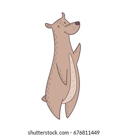 Cute brown bear waving his paw. Vector illustration of cartoon animal. Isolated on white background.