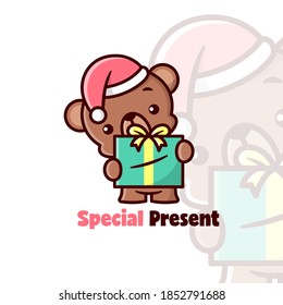 CUTE BROWN BEAR WEARING CHRISTMAS HAT AND BRING A BIG PRESENT