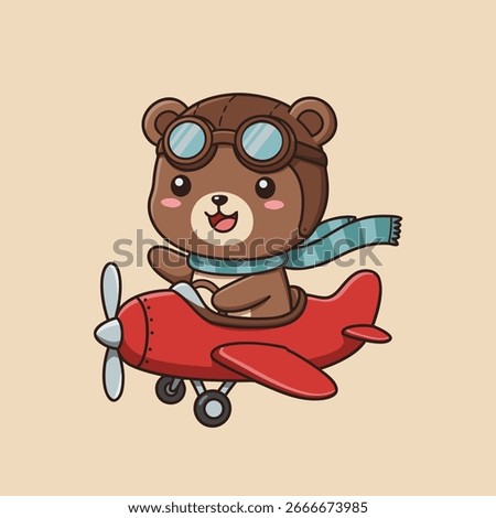 Cute brown bear wearing goggles and scarf flying a small red toy airplane. Vector Illustration
