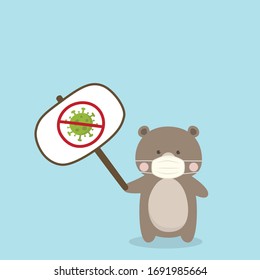 Cute Brown Bear wearing medical mask on sky blue background. Coronavirus (COVID-19) Vector Illustration.  Kawaii Teddy Bear. 