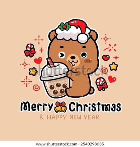 Cute Brown Bear Wearing Santa Hat Hugging Bubble Milk Tea, Celebrate Christmas, Greeting Card