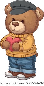 Cute brown bear wearing sweatshirt holding red heart vector art illustration 