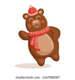 Cute brown bear in a winter hat and scarf. Vector illustration.