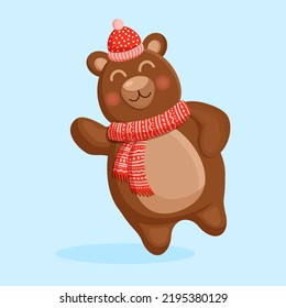 Oso marrón lindo con sombrero de invierno y bufanda. Ilustración vectorial.
