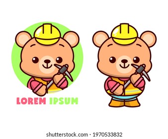 CUTE BROWN BEAR IN WORKER UNIFORM AND BRINGING A PICKAXE AND WEARING YELLOW HELMET. HIGH QUALITY CARTOON MASCOT DESIGN.