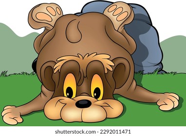 Cute Brown Bear with Yellow Eyes Lying on the Ground - Colored Cartoon Illustration with Background, Vector