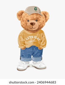 cute brown bear in yellow sweater and blue jeans vector illustration