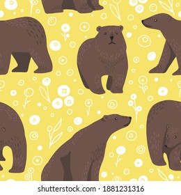 Cute brown bears flat hand drawn vector seamless pattern. Colorful wallpaper in scandinavian style. Abstract forest animals background. Beautiful design for prints, wrap, textile, fabric, decor, card.