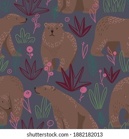 Cute brown bears flat hand drawn vector seamless pattern. Colorful wallpaper in scandinavian style. Abstract forest animals background. Beautiful design for prints, wrap, textile, fabric, decor, card.