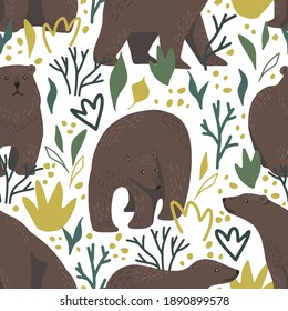 Los osos marrones litos dibujan a mano plana con un patrón sin fisuras. Papel colorido al estilo escandinavo. Resumen de los antecedentes de los animales forestales. Hermoso diseño para impresiones, envolturas, textiles, tela, decoración, tarjeta.