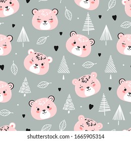 Cute Brown Bears And Forest. Little Baby Pink Teddy Bear Face, Fir Tree And Leaves Seamless Pattern. Kawaii Animal Heads Vector Childish Background For Kids Fashion Design. Print For Nursery Wallpaper