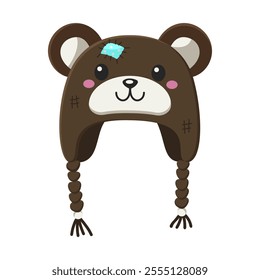 Cute brown bear-themed hat with braided strings. Vector illustration