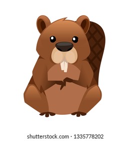 Cute Brown beaver. Cartoon animal design. Flat vector illustration isolated on white background. Forest inhabitant. Wild animal with brown red.