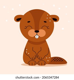 Cute brown beaver in cartoon flat style. Forest animals. Vector illustration for nursery, print on textiles.