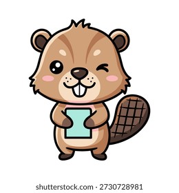 Personagem de castor marrom bonito segurando um smartphone com uma expressão feliz e um desenho animado de cauda longa