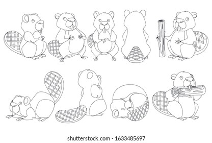 Cute brown beaver collection. Cartoon character design. North American beaver Castor canadensis. Rodentia mammals. Happy animal. Flat vector illustration isolated on white background outline style