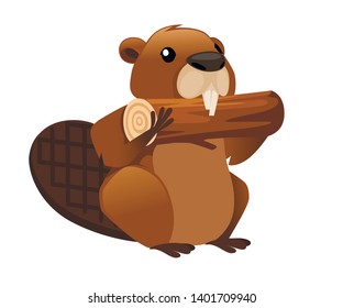 Cute brown beaver eating wooden stick. Cartoon character design. North American beaver Castor canadensis. Rodentia mammals. Happy animal. Flat vector illustration isolated on white background.