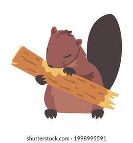 Cute Brown Beaver Gnawing Log, Rodent Wild Mammal Animal Cartoon Vektorgrafik