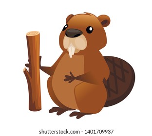 Cute brown beaver holding wooden stick. Cartoon character design. North American beaver Castor canadensis. Rodentia mammals. Happy animal. Flat vector illustration isolated on white background.