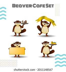 Cute brown beaver icon collection. Cartoon character design. North American beaver Castor canadensis. Rodentia mammals. Happy animal. Flat vector illustration isolated on white background