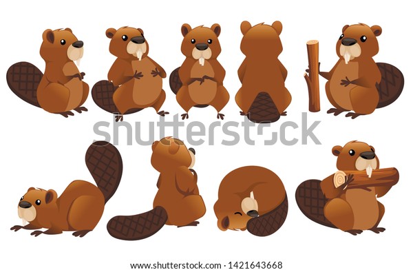 Cute brown beaver icon collection. Cartoon
character design. North American beaver Castor canadensis. Rodentia
mammals. Happy animal. Flat vector illustration isolated on white
background
