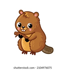 Cute brown beaver sits on a white background. A baby beaver in a cartoon style holds a stick in its paws.
