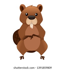 Cute brown beaver sitting. Cartoon character design. North American beaver Castor canadensis. Rodentia mammals. Happy animal. Flat vector illustration isolated on white background. Front view.