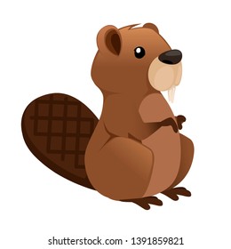 Cute brown beaver sitting. Cartoon character design. North American beaver Castor canadensis. Rodentia mammals. Happy animal. Flat vector illustration isolated on white background. Front view.