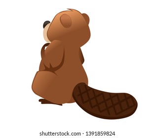 Cute brown beaver sitting. Cartoon character design. North American beaver Castor canadensis. Rodentia mammals. Happy animal. Flat vector illustration isolated on white background. Back view.