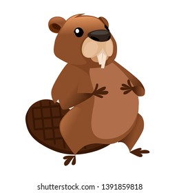 Cute brown beaver sitting with hands on the stomach. Cartoon character design. North American beaver Castor canadensis. Rodentia mammals. Flat vector illustration isolated on white background.