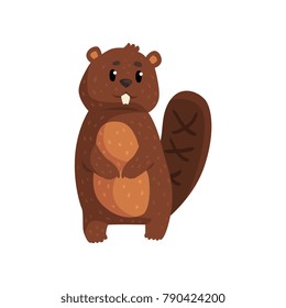 Cute brown beaver standing isolated on white. Cartoon forest rodent with big teeth, shaped tail, little ears and shiny eyes. Wild animal concept. Flat vector design