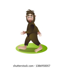 Cute brown bigfoot, yeti walking through deep forest