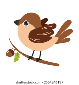 Cute brown bird perched on a branch with an acorn and leaf during a sunny day