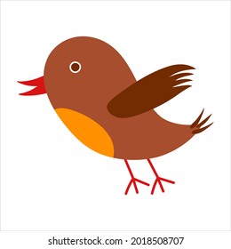 Cute brown bird with red beak, Simple flying bird, isolated flat vector illustration on white background