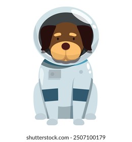 Cute brown and black dog wearing an astronaut suit is sitting down