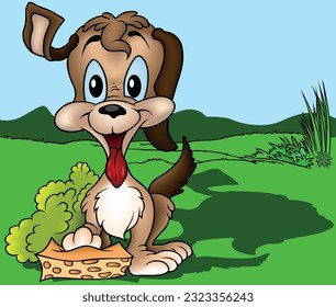 Cute Brown Blue-eyed Dog with Tongue Out and Sponge Under his Paw - Colored Cartoon Illustration with Background, Vector