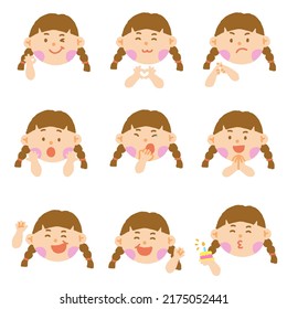 Cute Brown Brunette Hair Brown Eye Girl Kids Children Different Expression Emotions Emotional Emoticon Hand Doodle Character Feelings Faces Collection Set Icon Vector illustration