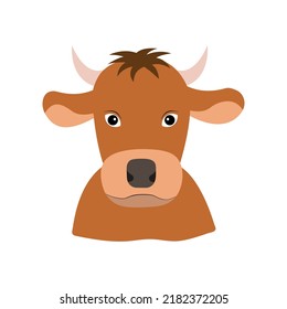 Cute brown bull head in a flat style. Simple illustration isolated on a white background