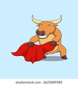 Cute brown bull holding red cloth as matador