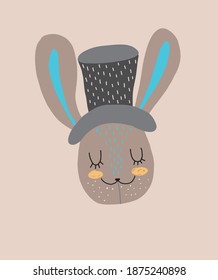Cute Brown Bunny in the Hat. Hand Drawn Nursery Art with Funny Bunny Isolated on a Beige Background. Vector Illustration ideal for Kids Room Decoration, Card, Wall Art, Poster, Greeting.