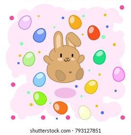 Cute brown bunny jumping in pink cloud of colored easter egg (kawaii vector graphic)