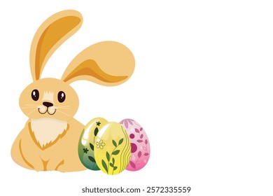 Cute brown bunny with long ears sitting beside colorful decorative Easter eggs on a white background. for Easter designs, holiday cards, spring-themed projects, and festive decorations.